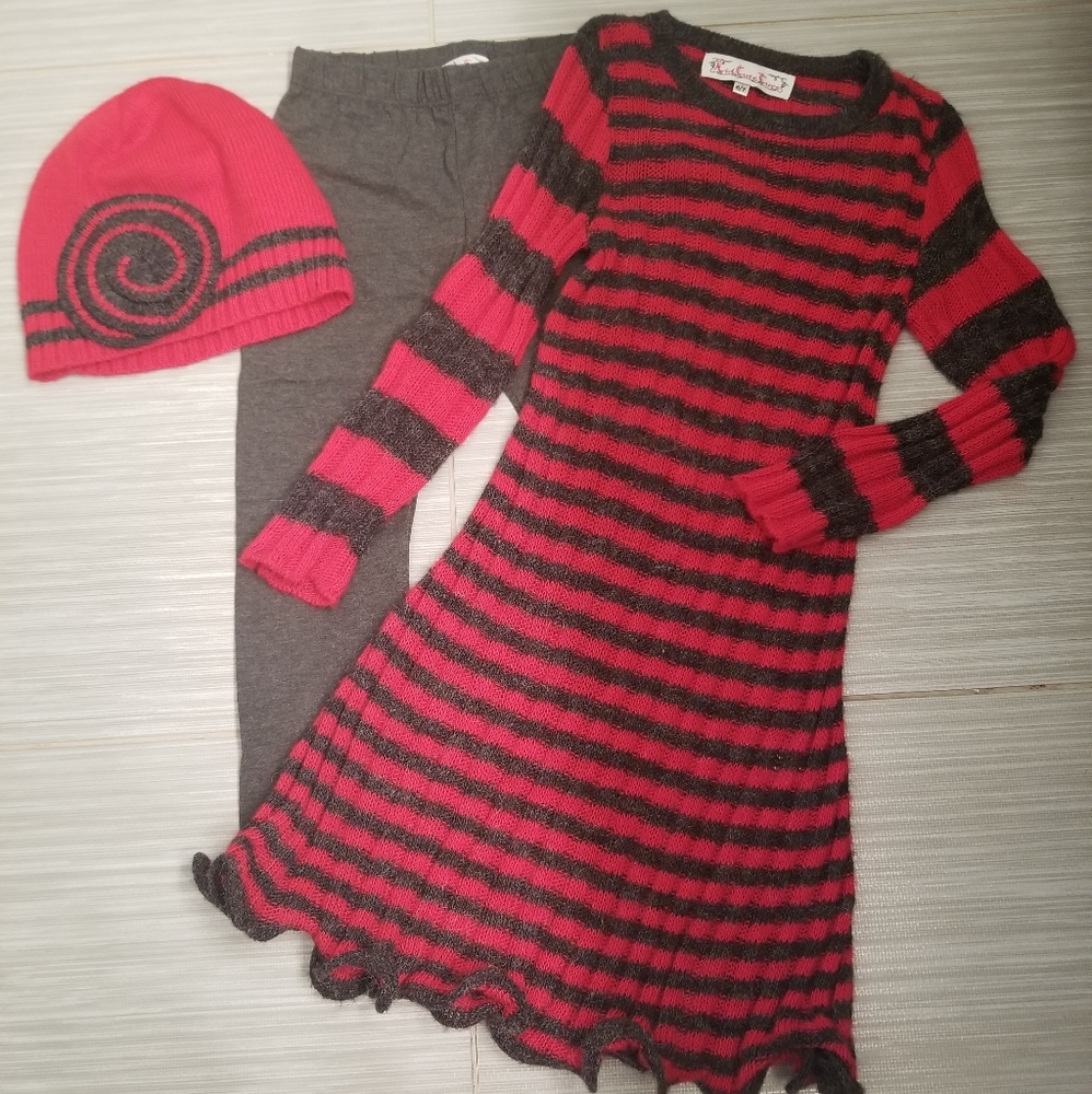 Girls 3 piece sweater set Red/Charcoal gray